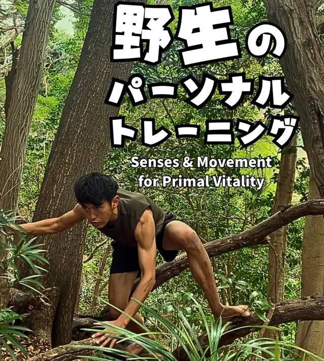 野生のパーソナルトレーニング。森の中で倒木を越える池田卓規さん